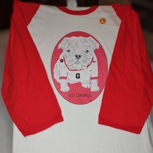 Go Dawgs, Red Ringer T-Shirt. Mid Sleeves. Large. Gildan. Heavy Cotton.